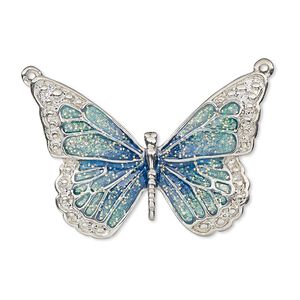 Focal, enamel and imitation rhodium-plated "pewter" (zinc-based alloy), blue and green with glitter, 35x25mm single-sided butterfly. Sold individually.