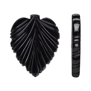 Black onyx 1pkg3, hand-cut half-drilled 2-sided carved leaf bead 29x25mm / 16x14mm