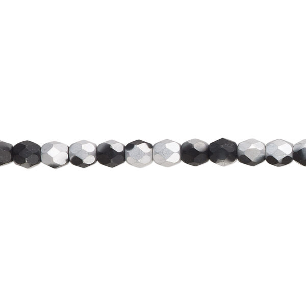 Bead, Czech fire-polished glass, opaque black half-coated matte Labrador, 4mm faceted round. Sold per 15-1/2" to 16" strand. image number 0