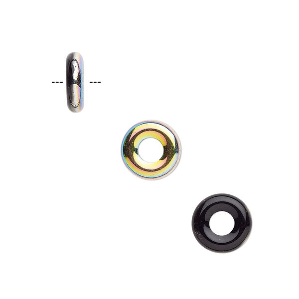 Bead, Czech pressed glass, opaque jet with half-coat vitrail, 9.5x3mm ring. Sold per pkg of 50. image number 0