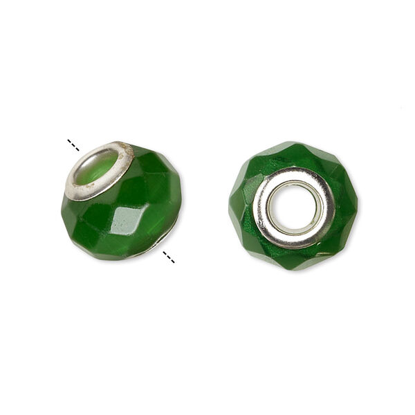 Bead, Dione®, cat's eye glass (fiber optic glass) and silver-plated brass grommets, dark green, 13x10mm-14x10mm faceted rondelle. Sold per pkg of 4. image number 0