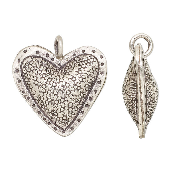 Charm, Hill Tribes, antiqued sterling silver, 24x23mm puffed heart. Sold individually. image number 0