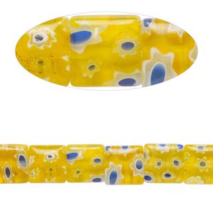 Bead, millefiori glass, translucent yellow and multicolored, 7mm-9x8mm puffed square with flower design. Sold per 14-inch strand.