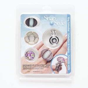 Ring kit 1pkg4, silver-finished brass / suede / enamel, multicolored, 21.5mm wide adjustable ring setting and interchangeable embellishments.