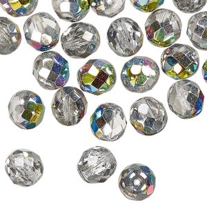 Czech fire-polished glass 1pkg1, faceted round bead half-coated opaque clear vitrail 1/2 mass 8mm