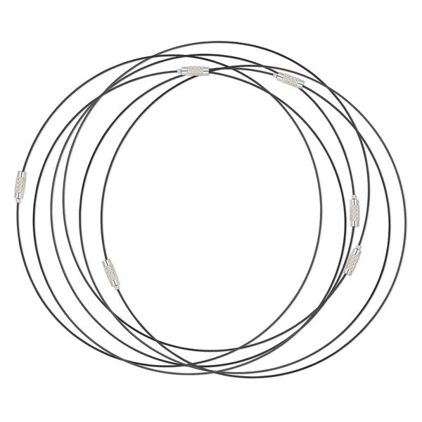 Necklace, vinyl-coated stainless steel and imitation rhodium-plated steel, black, 1mm round, 18 inches with barrel clasp. Sold per pkg of 6. image number 0