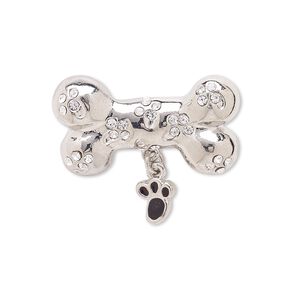 Spot pin, enamel / Czech glass rhinestone / silver-plated brass / "pewter" (zinc-based alloy), black and clear, 27x24mm dog bone. Sold individually.