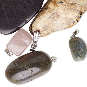 Multi-gemstone / glass / brass / steel 1pkg1, nugget pendant 1/4 lb mix small to extra-large