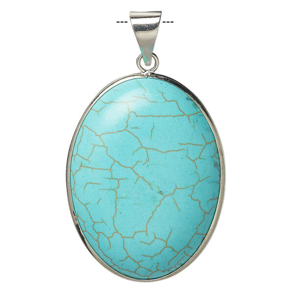 Pendant, magnesite (dyed / stabilized) and imitation rhodium-plated brass, blue, 40x30mm double-sided oval, B grade, Mohs hardness 3-1/2 to 4. Sold individually. image number 0
