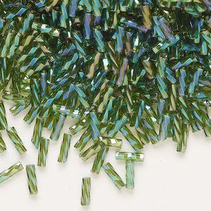 Bugle bead, Dyna-Mites™, glass, translucent rainbow olive green, 6mm twisted. Sold per 50-gram pkg.