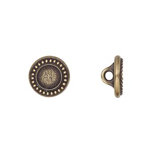 Button, TierraCast®, antique brass-plated pewter (tin-based alloy), 12mm beaded flat round with loop and SS34 round glue-in setting. Sold per pkg of 20.