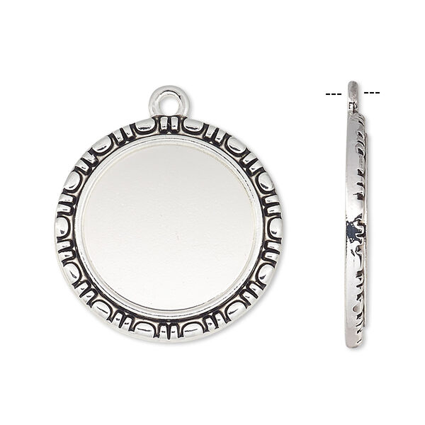 Drop, antique silver-finished "pewter" (zinc-based alloy), 24mm round with rope edge and 18mm round setting. Sold per pkg of 6. image number 0