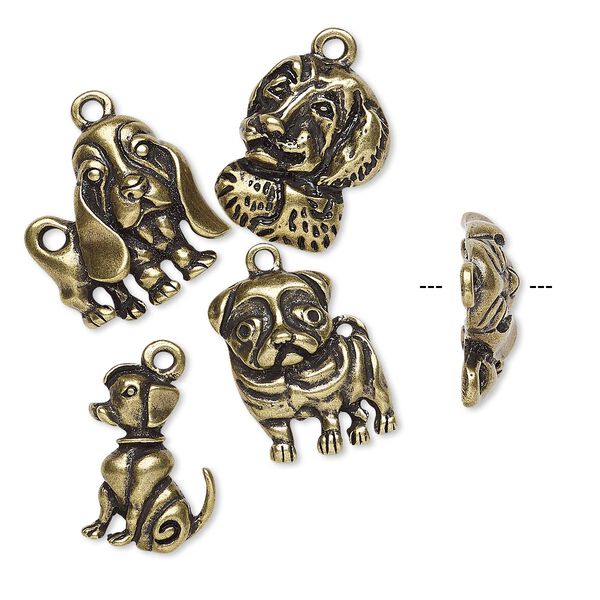 Charm, antique brass-finished "pewter" (zinc-based alloy), 19x12mm-20x19mm single-sided assorted dog. Sold per 4-piece set. image number 0