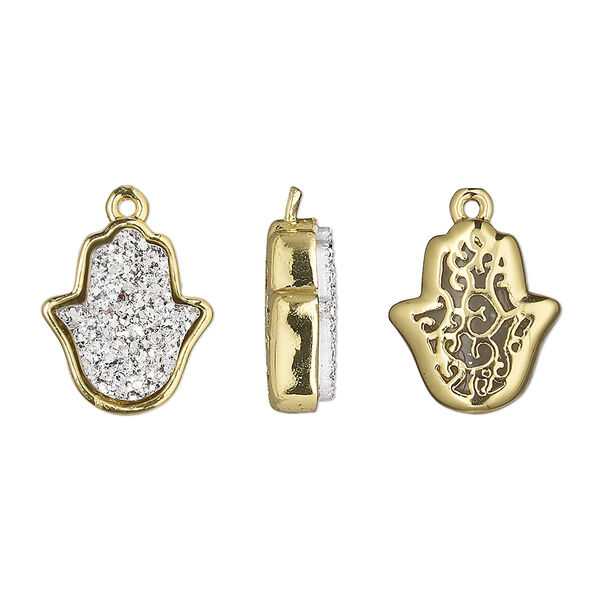 Drop, Druzylite™, "druzy" (resin) and gold-finished brass, silver, 14x12.5mm two-sided Hamsa hand with open filigree back. Sold per pkg of 4. image number 0