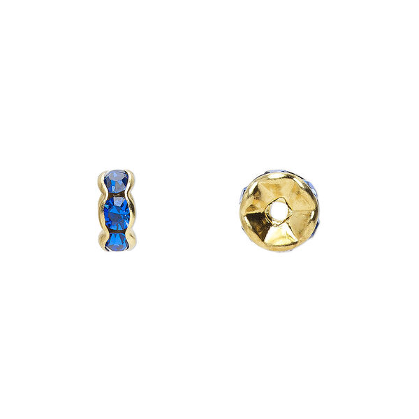 Bead, glass rhinestone and gold-finished brass, sapphire blue, 7x3mm rondelle. Sold per pkg of 10. image number 0
