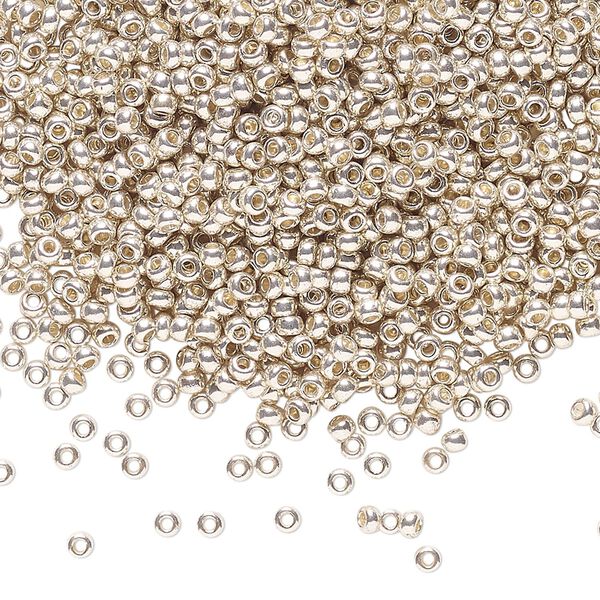 Seed bead, Preciosa Ornela Czech glass, pkg/500g, #11 rocaille, opaque silver finish metallic clear, (18303). image number 0