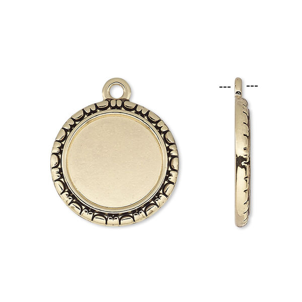 Drop, antique gold-finished "pewter" (zinc-based alloy), 19mm round with rope edge and 14mm round setting. Sold per pkg of 6. image number 0