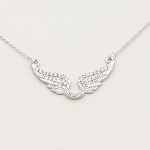 Necklace, Czech glass rhinestone / imitation rhodium-finished steel / brass / "pewter" (zinc-based alloy), clear, 36x16mm wings, 18 inches with 2-inch extender chain and lobster claw clasp. Sold individually.