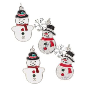Charm assortment, silver-finished "pewter" (zinc-based alloy) and enamel, multicolored, 28x19mm-26x15.5mm snowman. Sold per pkg of 4.