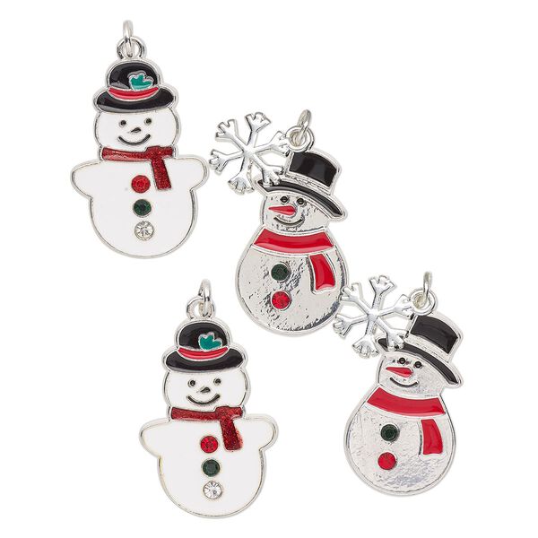 Charm assortment, silver-finished "pewter" (zinc-based alloy) and enamel, multicolored, 28x19mm-26x15.5mm snowman. Sold per pkg of 4. image number 0