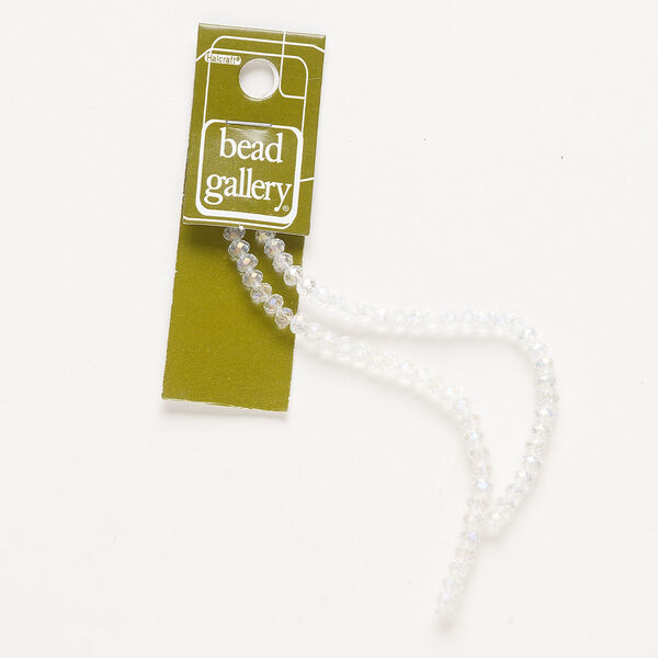 Bead, glass, translucent clear AB, 4x3mm-5x4mm faceted rondelle. Sold per 8-inch strand, approximately 65 beads. image number 0