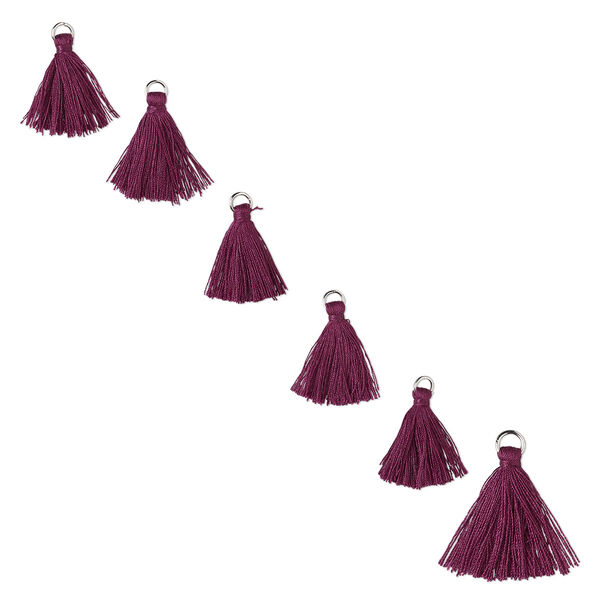 Tassel, silver-finished "pewter" (zinc-based alloy) and polyester, purple, 1" tassel with 6mm jump ring. Sold per pkg of 6. image number 0