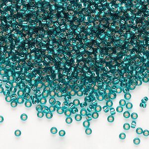 Seed bead, Miyuki, glass, pkg/250g, #11 rocaille, transparent silver-lined teal (RR-2425).