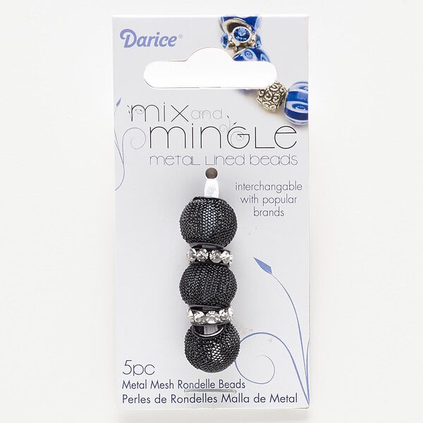 Bead, glass rhinestone with painted steel and "pewter" (zinc-based alloy), black and clear, 12x4mm rondelle and 14x11mm-14x13mm mesh rondelle, 4.5-5mm hole. Sold per pkg of 5. image number 0