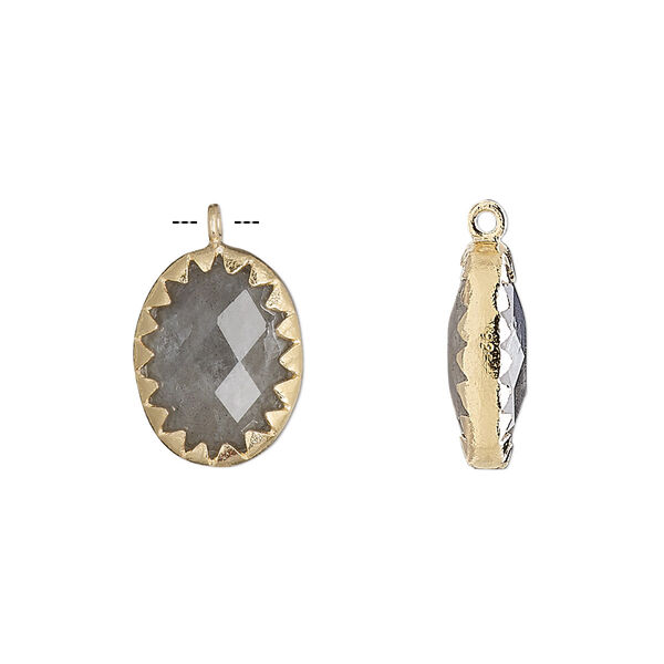 Drop, labradorite (natural) and gold-finished sterling silver, 15x11mm double-sided faceted oval. Sold individually. image number 0