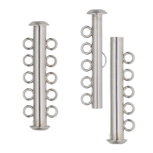 Clasp, 5-strand slide lock, stainless steel, 31x6mm tube. Sold per pkg of 4. image number 0