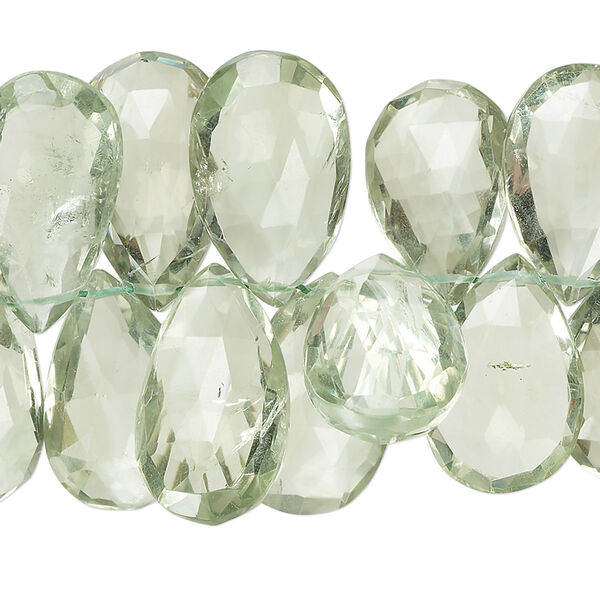 Bead, green quartz (heated), 14x10mm-28x13mm hand-cut top-drilled faceted puffed teardrop, B+ grade, Mohs hardness 7. Sold per 7-inch strand, approximately 45 beads. image number 0