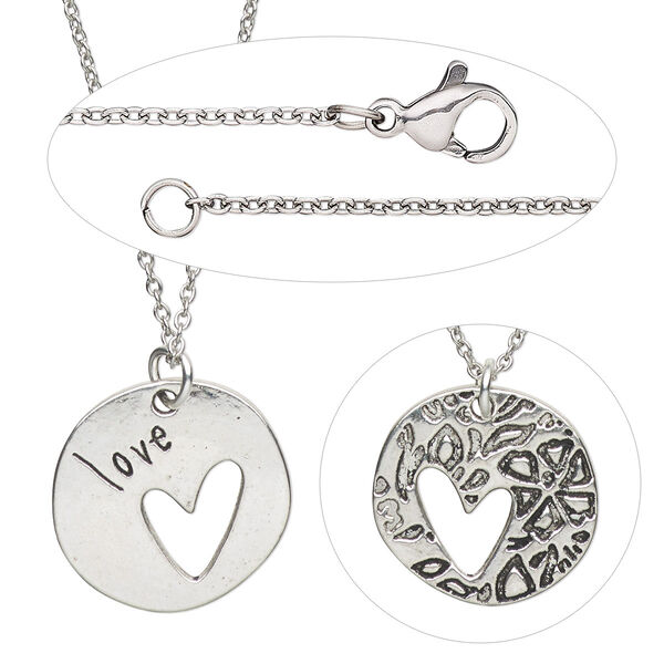 Necklace, Simple and Sleek Jewelry™, round drop with "love" and stainless steel chain, wearable at 18 and 20 inches. Sold individually. image number 0