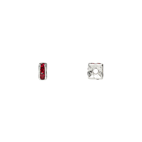 Bead, glass rhinestone and silver-plated brass, garnet red, 4x2mm squaredelle. Sold per pkg of 10. image number 0