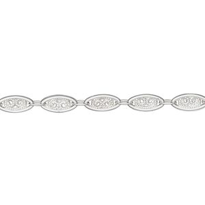 Chain, silver-plated "pewter" (zinc-based alloy), 4mm filigree. Sold per pkg of 5 feet.