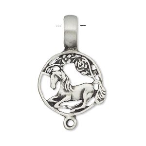 Pendant, antiqued pewter (tin-based alloy), 31x20mm round with horse and loop. Sold individually.