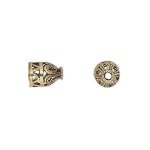 Cone, antique gold-finished brass, 10x8mm fancy filigree, 6mm hole. Sold per pkg of 10.