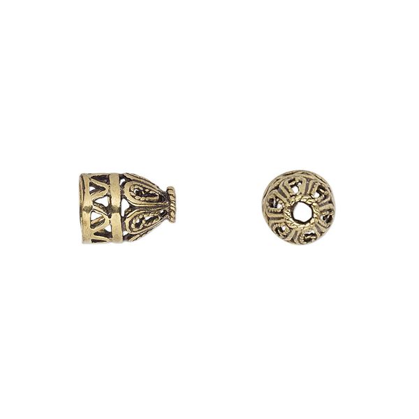 Cone, antique gold-finished brass, 10x8mm fancy filigree, 6mm hole. Sold per pkg of 10. image number 0
