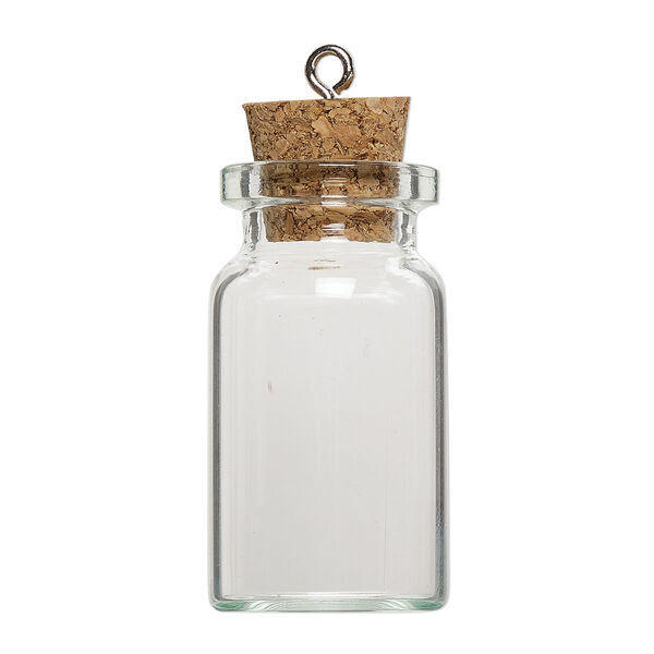 Component, glass / cork / nickel-finished steel, clear, 40x22mm bottle with stopper and screw eye. Sold per pkg of 100. image number 1
