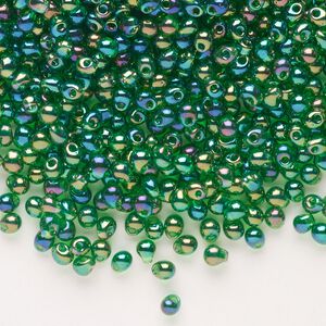 Seed bead, Miyuki, glass, pkg/250g, 3.3x2.8mm mini fringe, translucent rainbow green (DP-179).