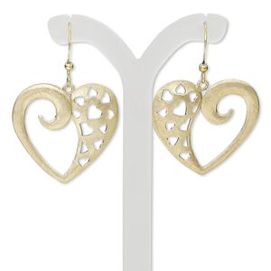 Earring, gold-finished steel and brass, 1-1/2 inches with brushed open heart and heart cutout design with fishhook ear wire. Sold per pair.