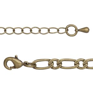 Chain, antique brass-plated brass, 5mm long and short flat oval, 18 inches with 2-inch extender chain and lobster claw clasp. Sold individually.