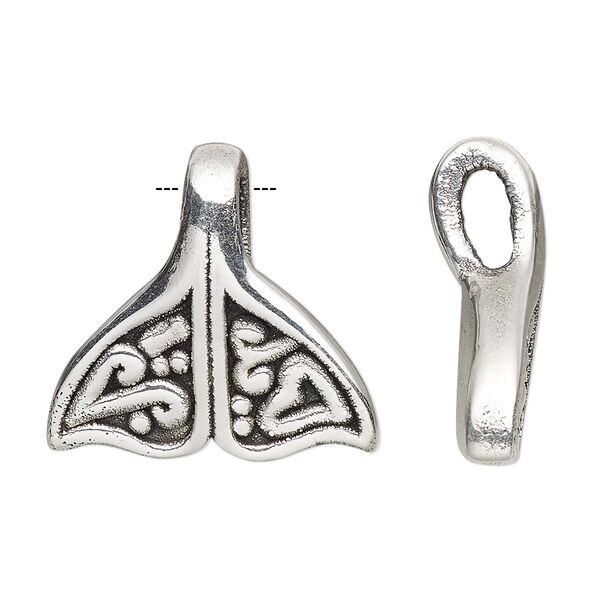 Pendant, antiqued fine silver, electroformed, 25x23.5mm single-sided whale tail with 6.5x3mm hole. Sold individually. image number 0