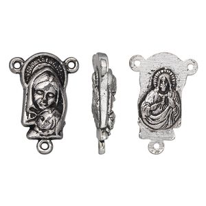 Connector, antique silver-plated "pewter" (zinc-based alloy), 18.5x10mm two-sided oval rosary with Madonna and child on front and Sacred Heart of Jesus Christ on back. Sold per pkg of 10.