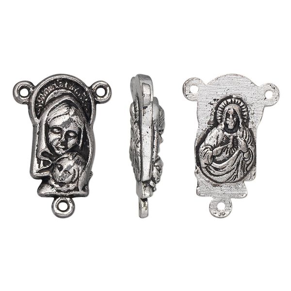 Connector, antique silver-plated "pewter" (zinc-based alloy), 18.5x10mm two-sided oval rosary with Madonna and child on front and Sacred Heart of Jesus Christ on back. Sold per pkg of 10. image number 0