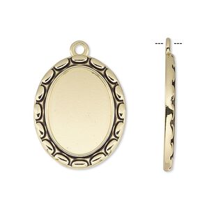 Drop, antique gold-finished "pewter" (zinc-based alloy), 25x20mm oval with oval edge and 18x13mm oval setting. Sold per pkg of 6.