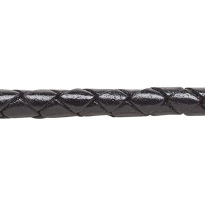 Bolo cord, leather (dyed), black, 6-6.5mm braided round. Sold per 5-foot section.