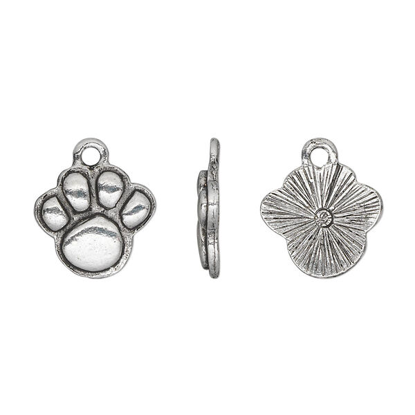 Charm, pewter (tin-based alloy), pkg/1, antique silver plate, 15x13mm single-sided paw print. image number 0