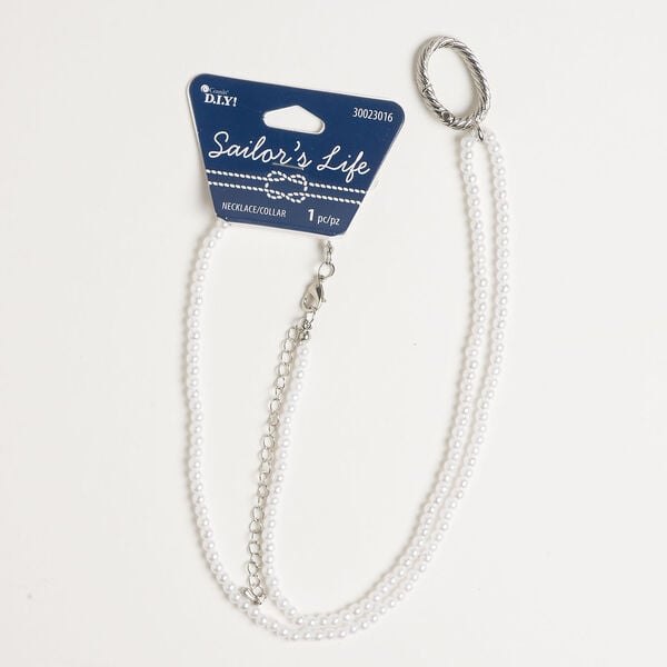 Necklace 1pkg1, antique silver-finished steel and plastic, white, 28x19mm twisted oval hinged clip, 24 inches with lobster claw clasp. image number 0