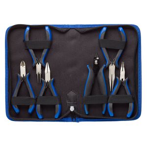 Pliers set, curved chain-nose / chain-nose / round-nose / flat-nose / side-cutter / crimp, plastic / polyester / nickel-plated steel, black and blue, 4-1/2 to 5-1/2 inches with 8-1/2 x 5-1/4 x 1-1/2 inch case. Sold per 6-piece set.