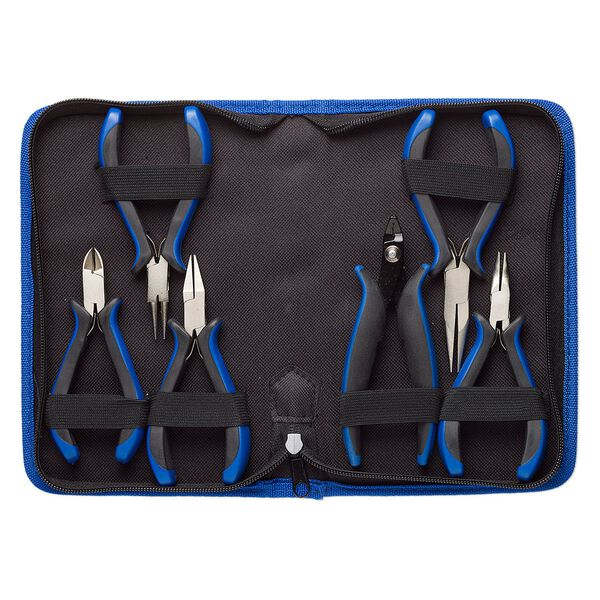 Pliers set, curved chain-nose / chain-nose / round-nose / flat-nose / side-cutter / crimp, plastic / polyester / nickel-plated steel, black and blue, 4-1/2 to 5-1/2 inches with 8-1/2 x 5-1/4 x 1-1/2 inch case. Sold per 6-piece set. image number 0